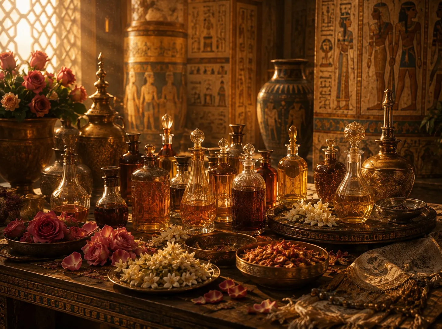 Amber bottles of Egyptian essential oil among roses, jasmine, and dried botanicals in warm Cairo light